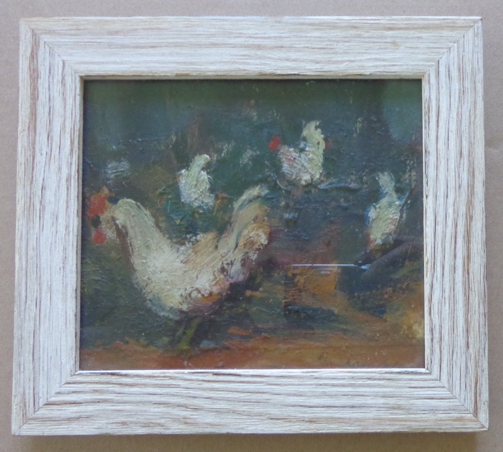 KAREL JAN VAN DEN HEUVEL / KIPPENERF OLIEVERF KARTON 20x23cm, Ophalen of Verzenden, Gesigneerd, Olieverf