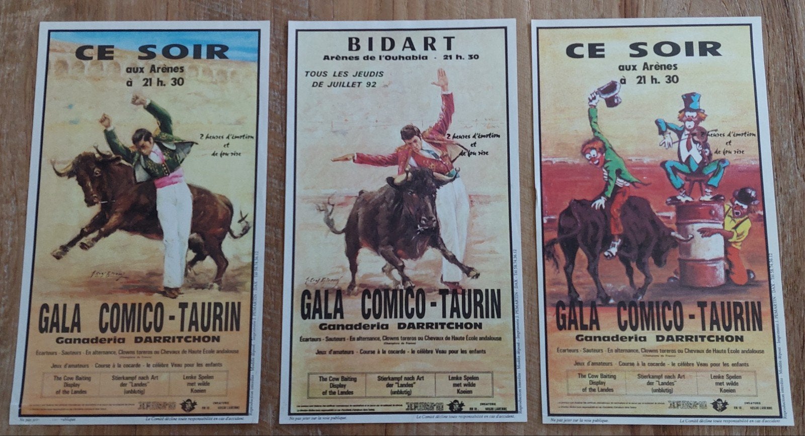 3x Vintage posters / flyers - Arènes de Bidart & Landes 1992, Enlèvement ou Envoi, Rectangulaire vertical, Comme neuf, Autres sujets/thèmes