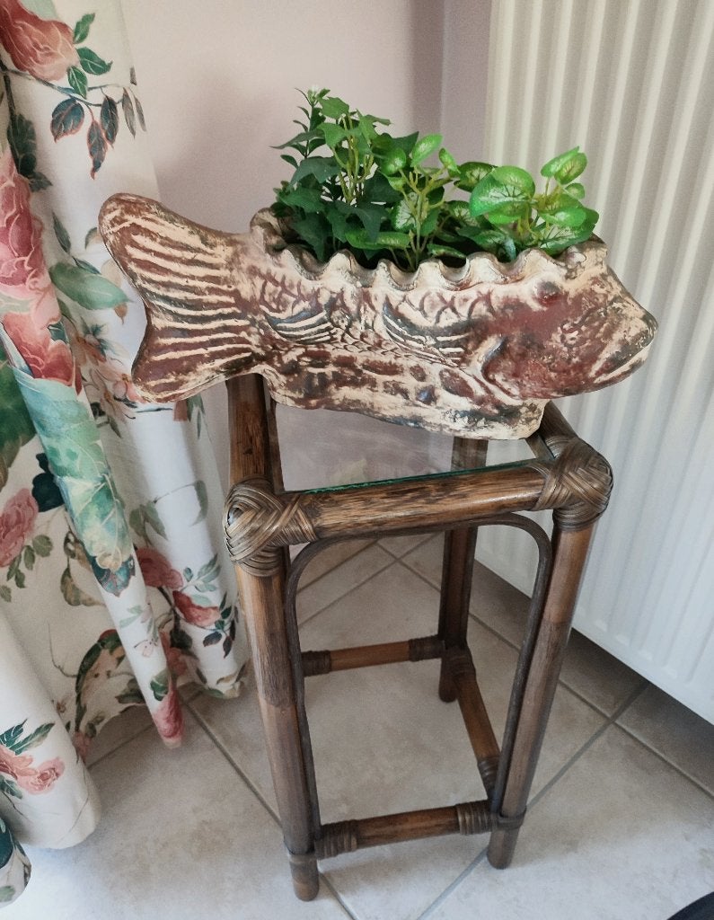 Sellette, table d'appoint. En bambou et rotin avec verre, Enlèvement ou Envoi, Moins de 55 cm, Mid-Century, Bohemian Chic, Carré