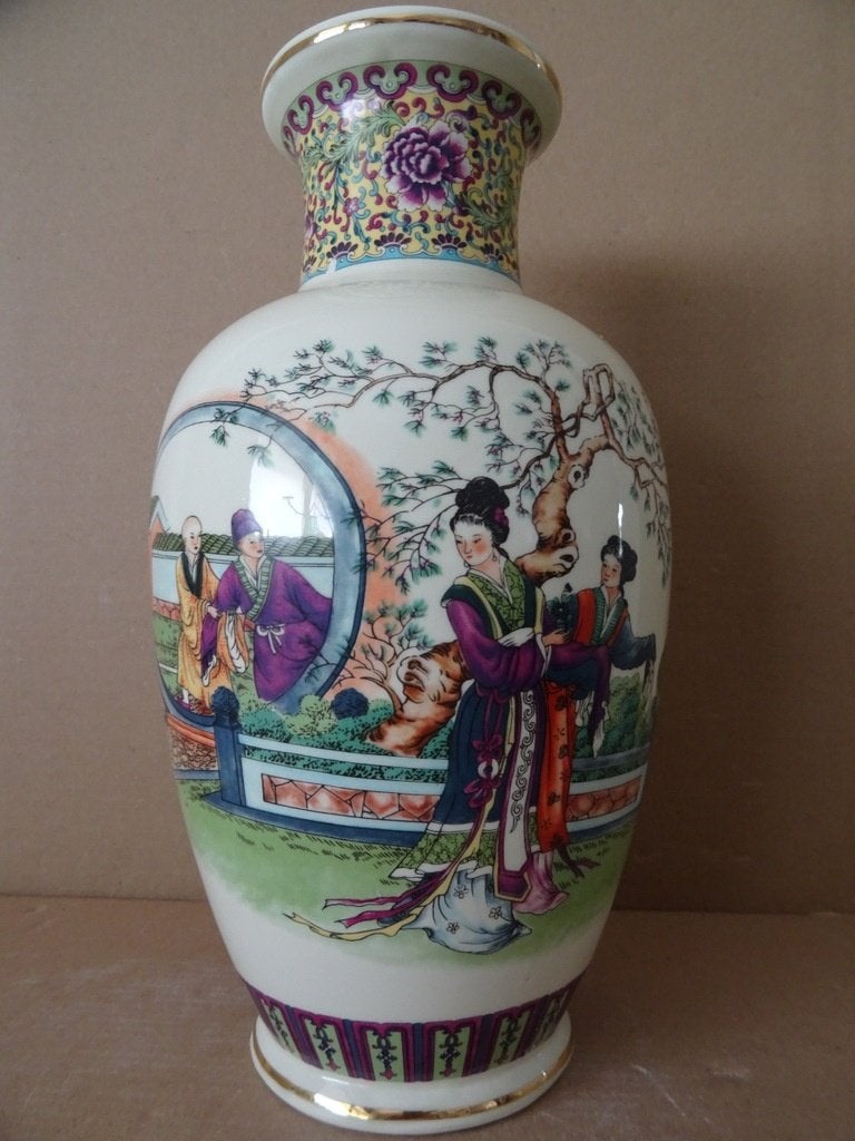 Vase Chinois vintage vase en faïence avec geishas 31cm 1970, Enlèvement ou Envoi
