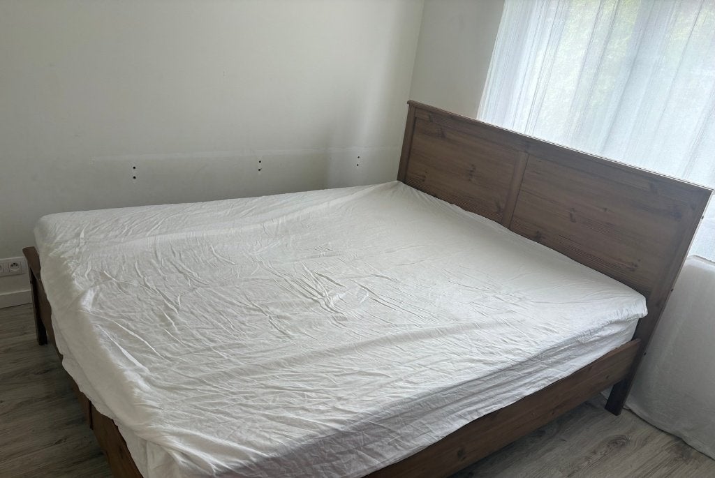 Lit double IKEA en bois 160x200 cm, Maison & Meubles, Beige, Enlèvement, Utilisé, 200 cm