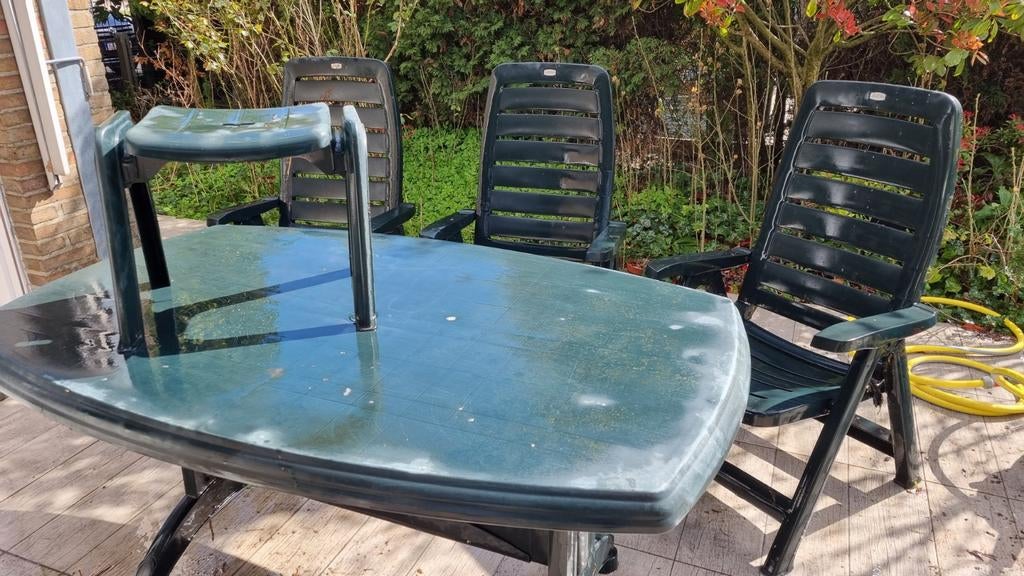 Tuinset groen 3 stoelen en voetbankje, Enlèvement, Utilisé, Ovale, Synthétique