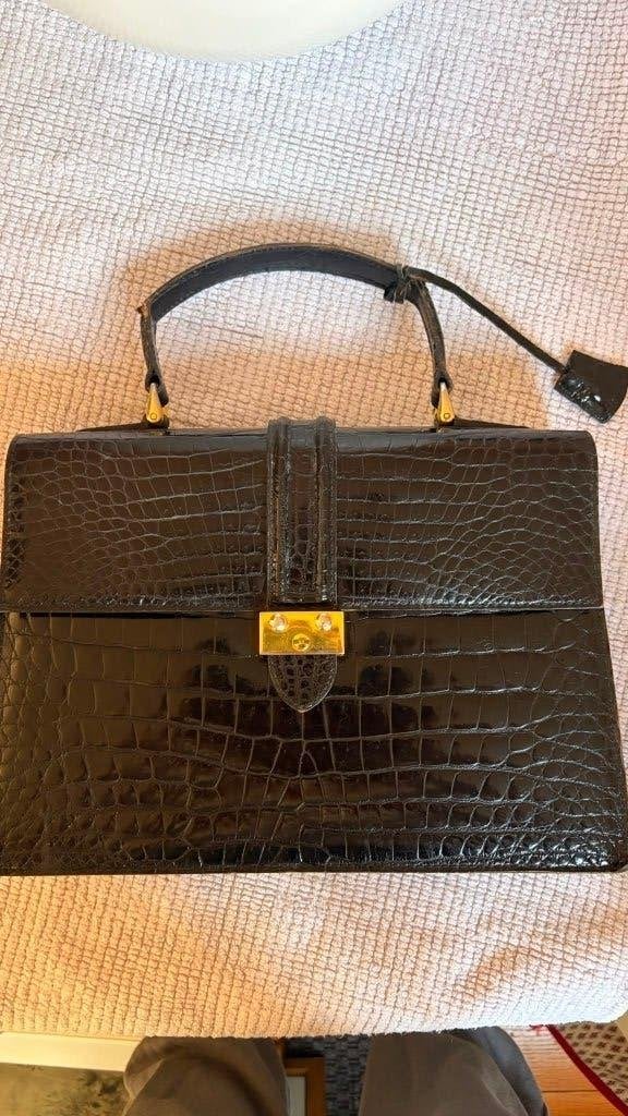 Sac à main vintage Louise Fontaine en cuir effet crocodile, Enlèvement ou Envoi, Utilisé, Noir, Sac à main