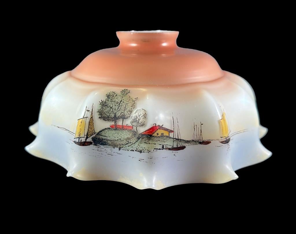 Art Deco opaline lampenkap met voorstelling water/bootjes, Ophalen, Zo goed als nieuw
