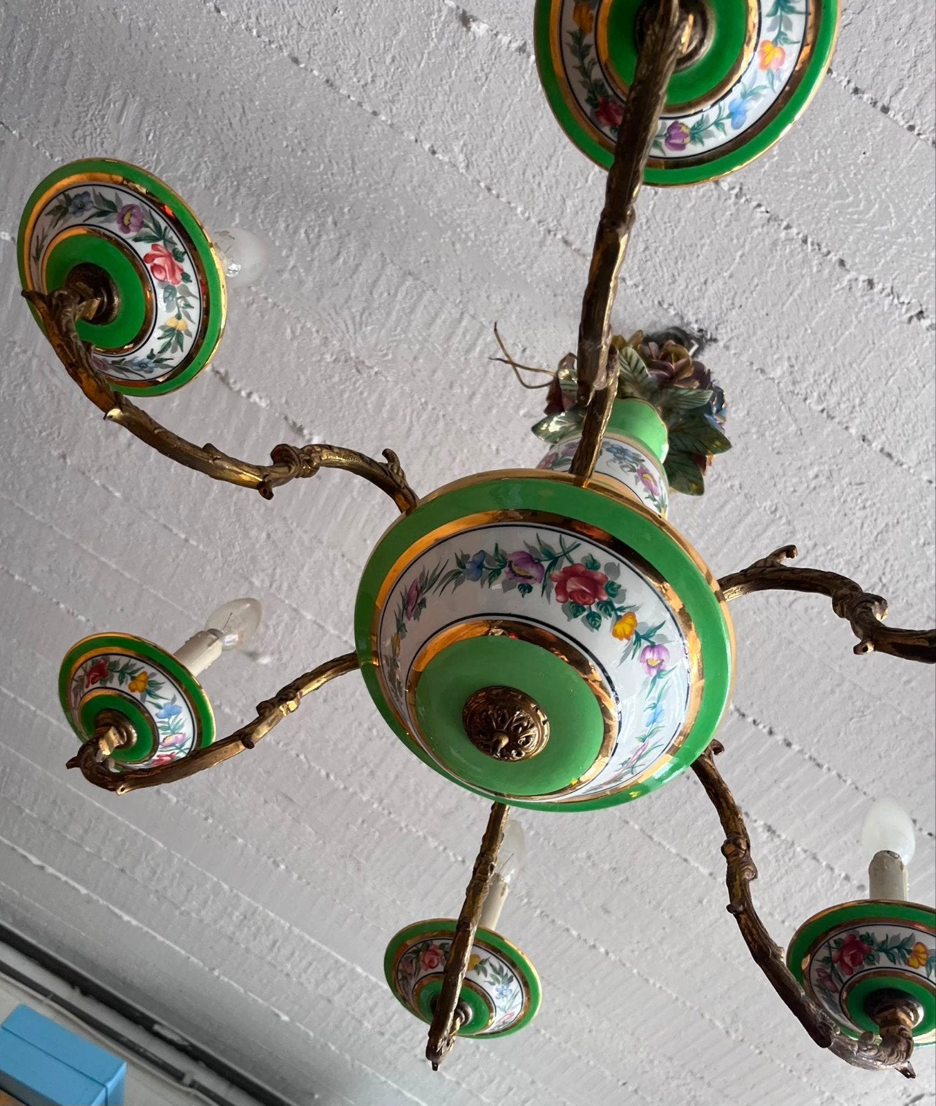 Klassieke kroonluchter met porselein – 6 lichtpunten, Ophalen, Groen, Kroonluchter, Vintage