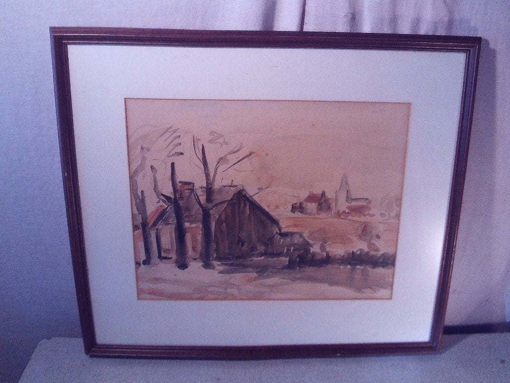 Mooi Geschilderd Aquarel 'Hoeve bij het Dorpje' - gesigneerd, Antiek en Kunst, Kunst | Schilderijen | Klassiek, Ophalen of Verzenden
