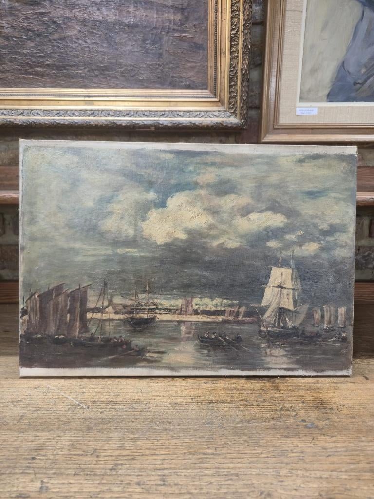École française, vue animée d'un port, huile sur toile,, Enlèvement ou Envoi