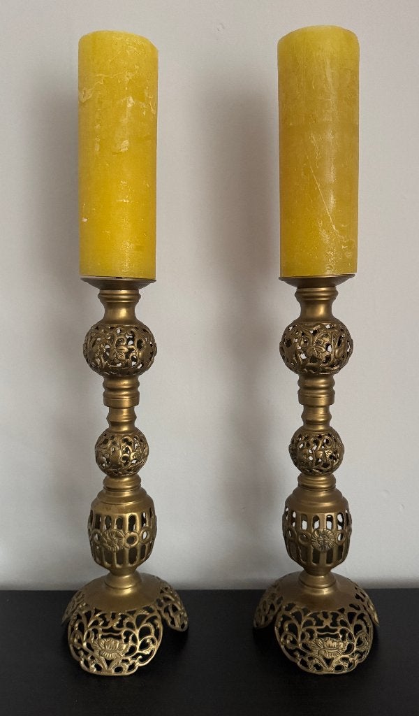 Paar bronzen kandelaars - Azië - 1940, Ophalen of Verzenden, Koper of Brons