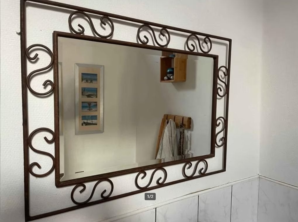 Miroir avec encadrement en fer forgé, Antiquités & Art, Enlèvement, Rectangulaire, 50 à 100 cm, Moins de 100 cm