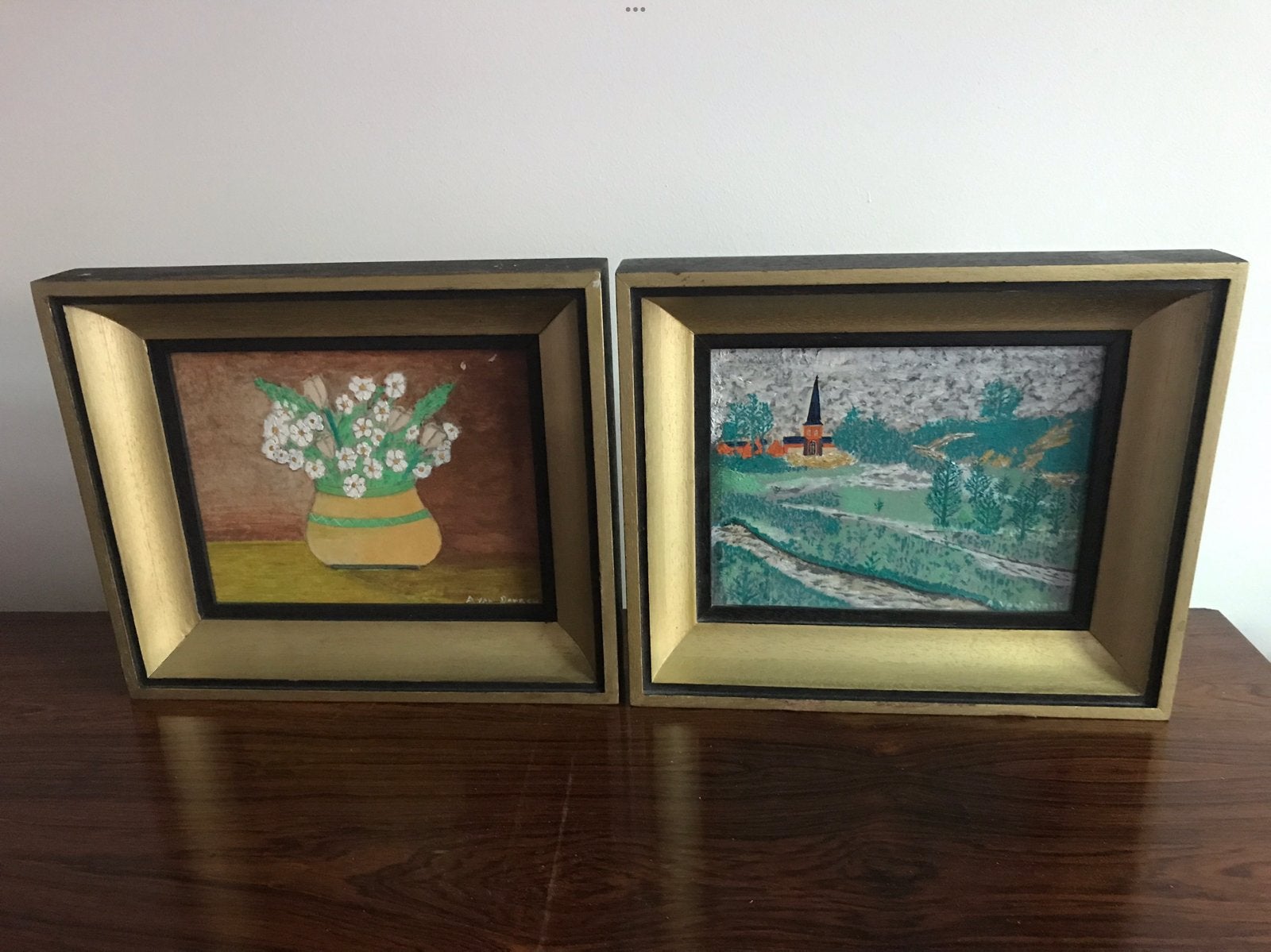 2 x schilderij bloemen in vaas /Landschap kerk A Van Dooren, Ophalen of Verzenden, Bloemen