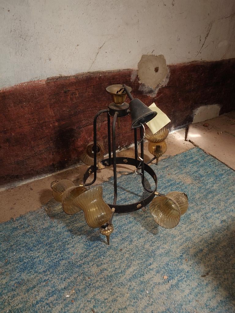 Vintage hanglamp met 5 glazen kapjes - restauratie, Ophalen, Glas