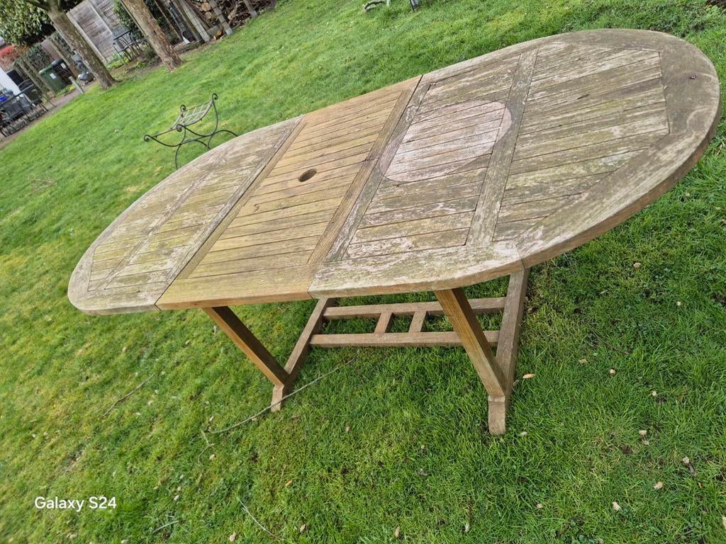 Uitschuifbare ovale teak tuintafel 150/200x100, Tuin en Terras, Tuintafels, Ophalen