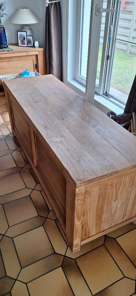 TV meubel Teak, Ophalen, 100 tot 150 cm, Teakhout, Zo goed als nieuw