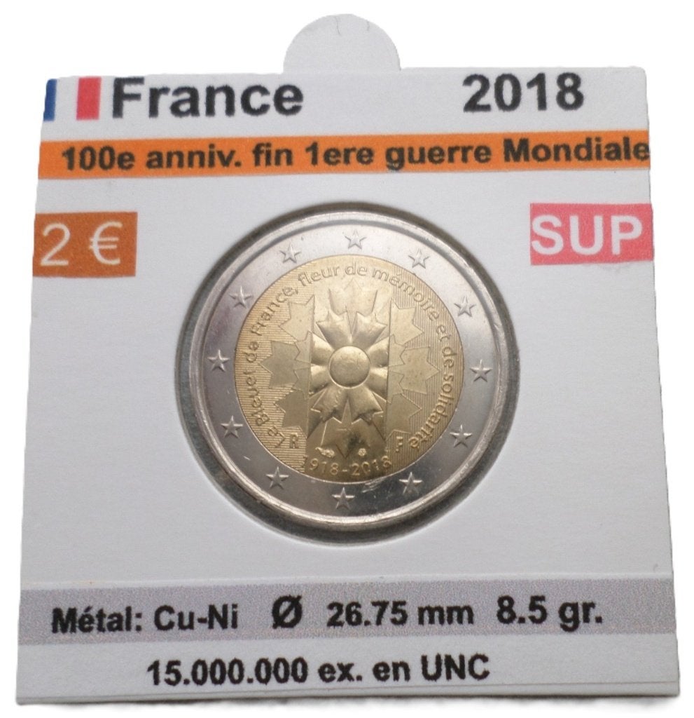 FRANCE 100e anniv. - fin première guerre mondiale 2018, Timbres & Monnaies, Monnaies | Europe | Monnaies euro, Envoi, France, 2 euros