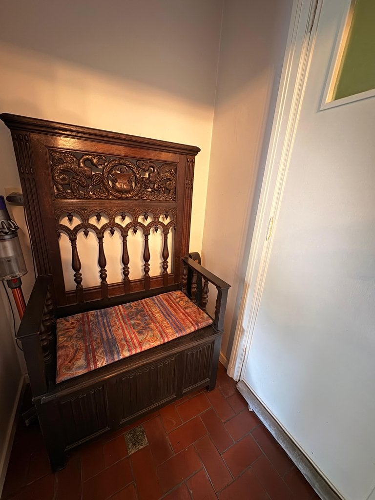 Massief eiken halbank (gotische stijl), Huis en Inrichting, Ophalen, Bruin, Klassiek, Zo goed als nieuw