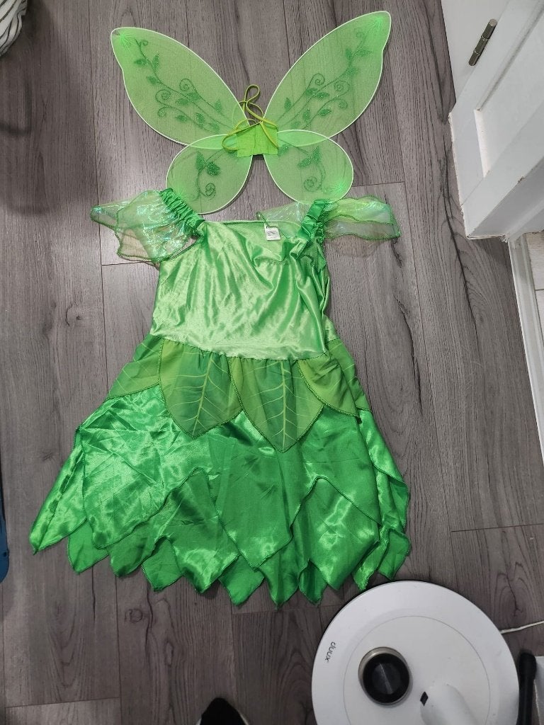 Groen feeënkostuum met vleugels. 6-9 jaar, Ophalen of Verzenden, Gebruikt, Meisje