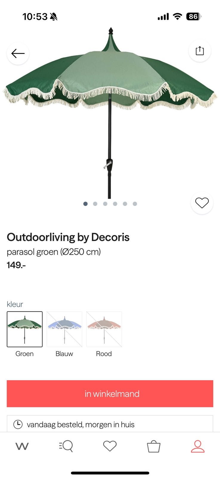 Parasol nieuw 250cm outdoorliving wehkamp decoris, Tuin en Terras, Parasols, Ophalen, 2 tot 3 meter, Stokparasol