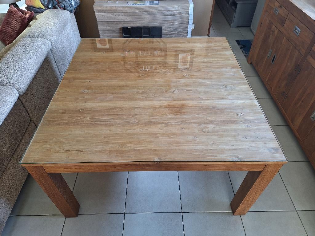 Teak tafel ( vierkant) + glazen blad, Ophalen, Glas, Vierkant, Zo goed als nieuw