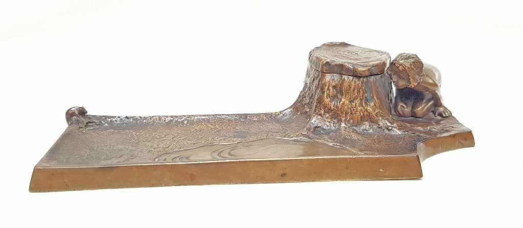Bronzen Art nouveau inktpot - F. Beck., Antiek en Kunst, Kunst | Beelden en Houtsnijwerken, Beeld, Brons, Scène, 20 - 50 cm, Europa