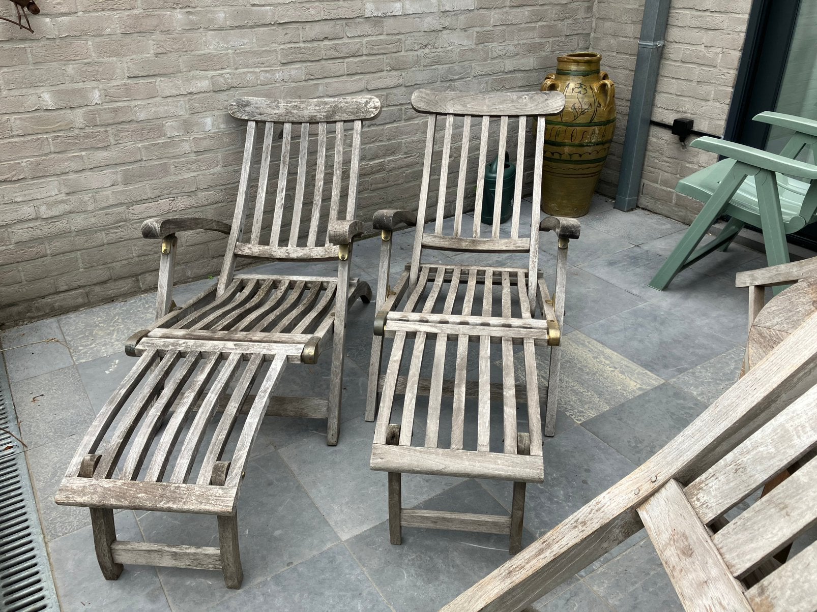 2 teaken deckchairs, Tuin en Terras, Ophalen, Gebruikt, Teakhout, Inklapbaar