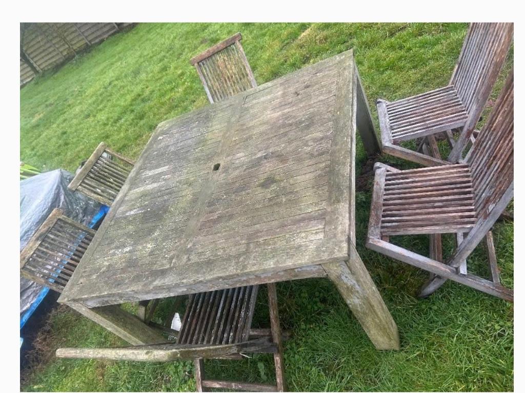 Terrastafel teak en zes stoelen, Tuin en Terras, Ophalen, 5 zitplaatsen, Gebruikt, Teakhout