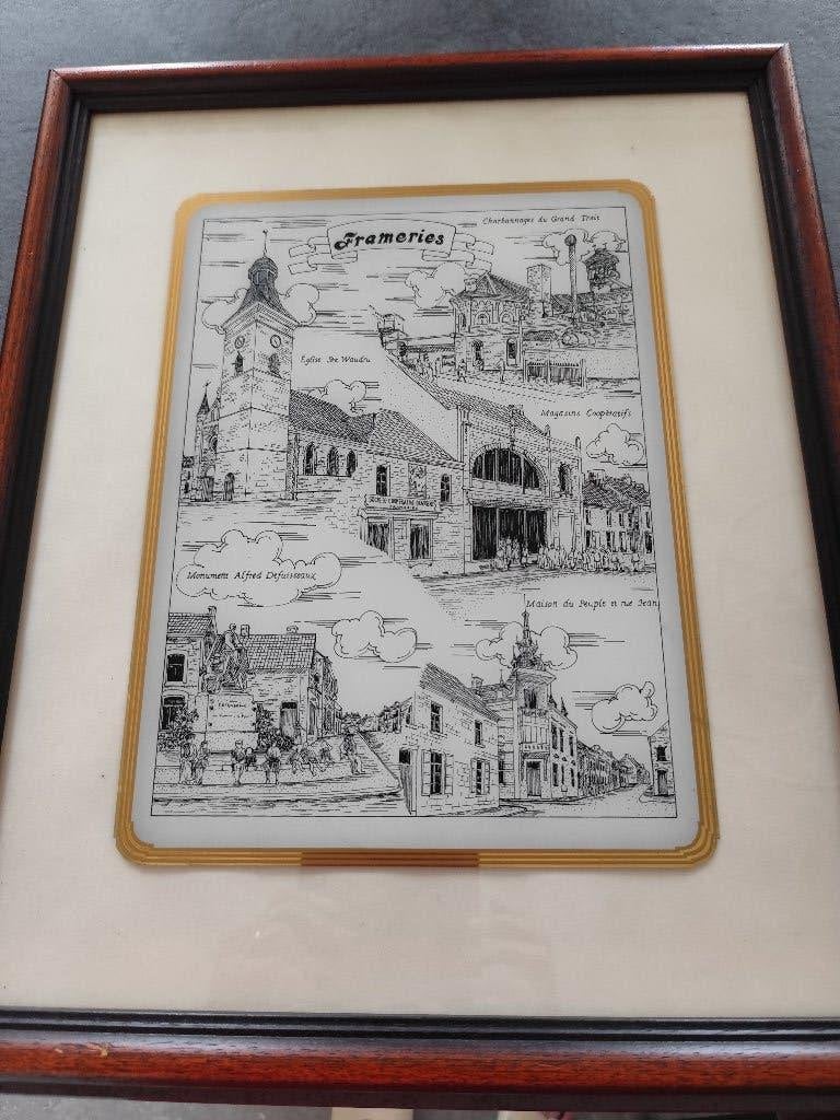 Cadre ville de Frameries, Antiek en Kunst, Kunst | Etsen en Gravures, Ophalen, 46 cm, 1950 - 1999, Ingelijst