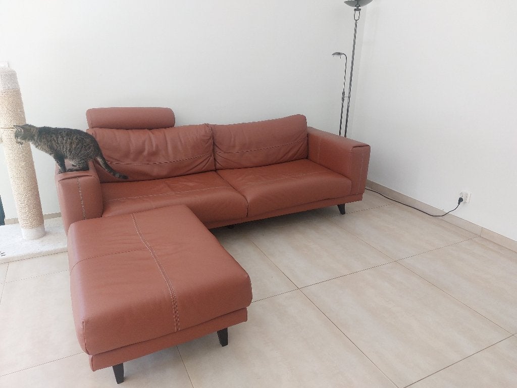 Lederen 3-zit + poef + hoofdsteun, Maison & Meubles, 250 à 300 cm, Cuir, Banc droit, Enlèvement