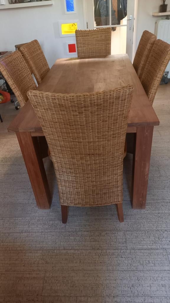 Massief hardhouten tafel met 6 stoelen., Ophalen, Gebruikt