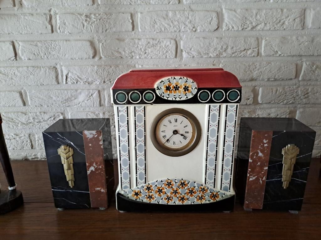 Art Deco schouwgarnituur - klok + 2 kandelaars - mooie set, Antiek en Kunst, Ophalen