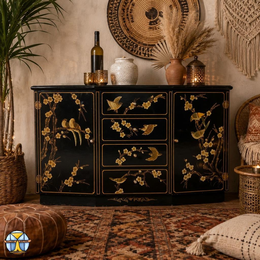 Vintage Chinees Dressoir / lakkast (zwart / vogels) Bohemian, Gebruikt, Ophalen of Verzenden, Vintage / Chinees / Oosters / Aziatisch / Chinees