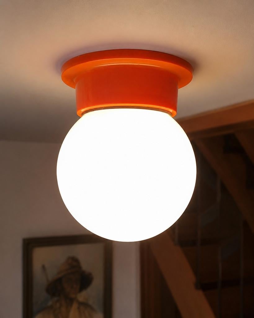Vintage HEMA space age wand- / plafondlamp oranje opaalglas, Ophalen of Verzenden, Glas
