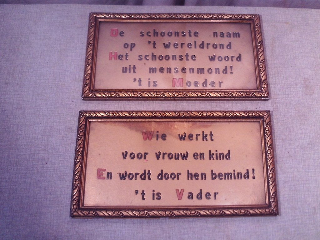 2 Antieke Spreuken in fotolijst - 35x19, Tekstbord, Ophalen of Verzenden, Zo goed als nieuw, Hout