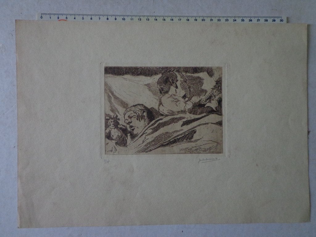gevoelige ets van Jules Verwest "Slapend meisje met poppen", Dagelijks leven, Ophalen of Verzenden, 1900 - 1949, Genummerd