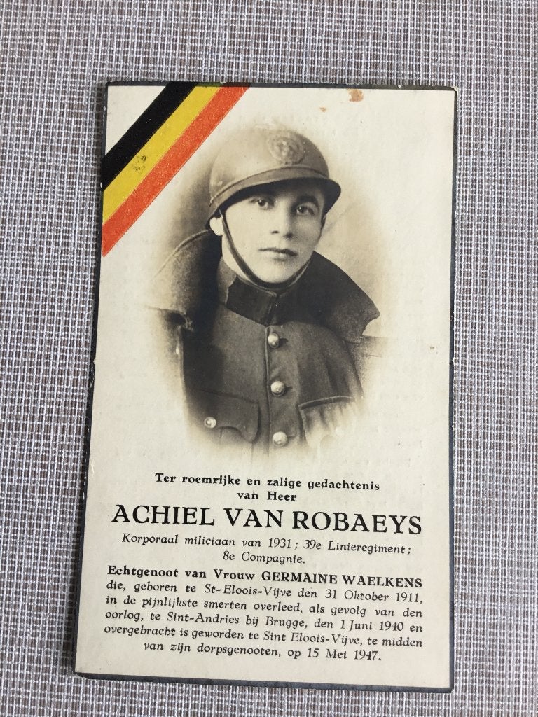 Soldaat Van Robaeys St.Eloois Vijve gesneuveld Brugge 1940, Verzamelen, Bidprentjes en Rouwkaarten, Verzenden, Bidprentje