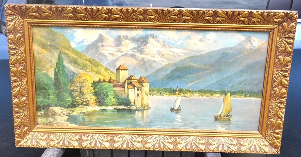grand cadre avec chromo lac leman chateau de chillon, Antiek en Kunst, Ophalen of Verzenden, Overige typen, Achter glas