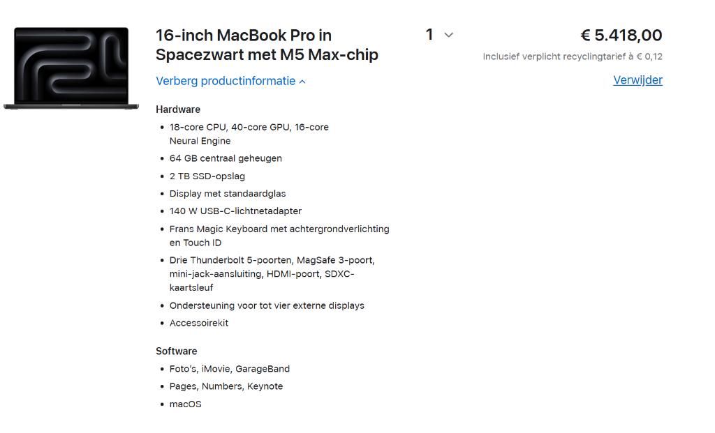 MacBook Pro 16" M5 Max 18C/40C 64GB RAM 2TB Azerty NIEUW!!, Computers en Software, 1 TB of meer, 64 GB of meer, Nieuw, 16 inch
