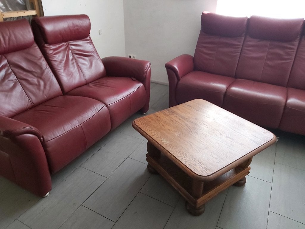 Salon Cuir Bordeau 3 + 2 places (moins de 1 an), Maison & Meubles, Enlèvement, Comme neuf, Cuir