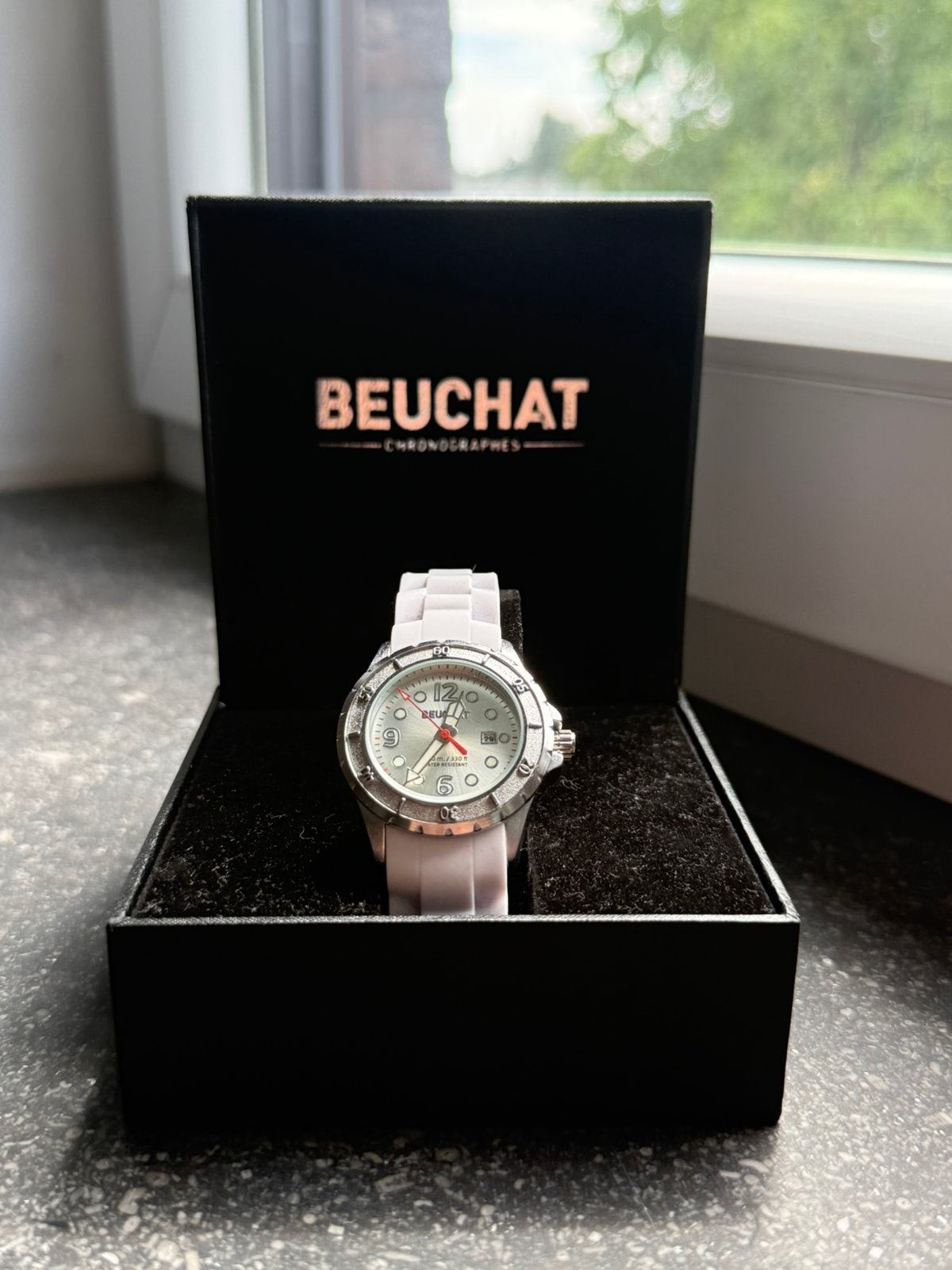Originele Beuchat Chronograph Horloge + Doos, Handtassen en Accessoires, Staal, Polshorloge, Kunststof, Zo goed als nieuw