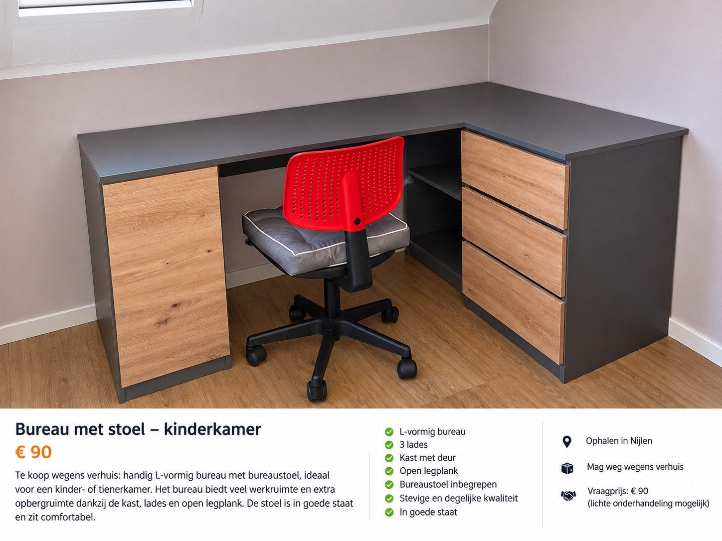 Ruim L-vormig hoekbureau met bureaustoel – kinderkamer, Enlèvement, Espace de rangement, Bureau d'angle