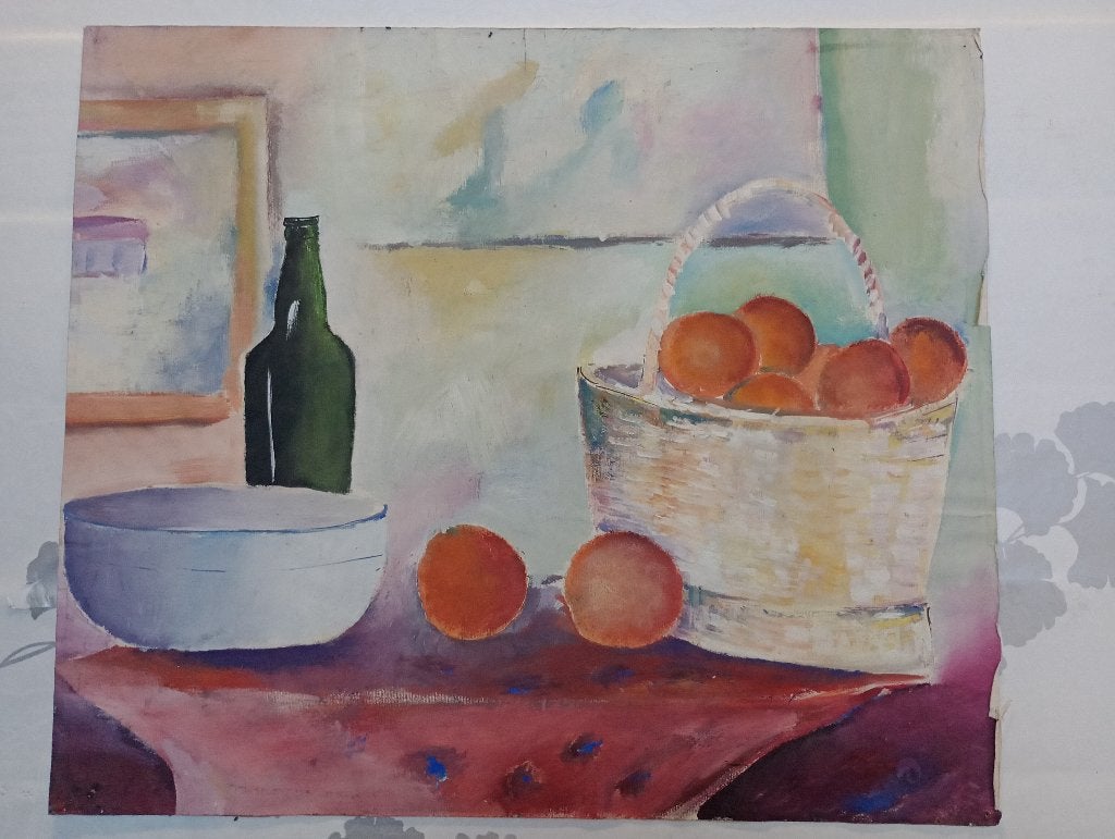 Stilleven met fruit en flessen 68x50, B40, Antiek en Kunst, Stilleven, Impressionistisch, Ophalen of Verzenden, Aquarel