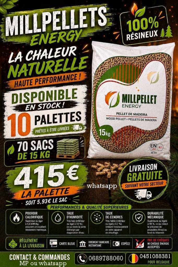Palettes de Pellets 100 % résineux. Paiement à la livraison, 6 m³ ou plus, Envoi, Autres essences de bois, Bûches