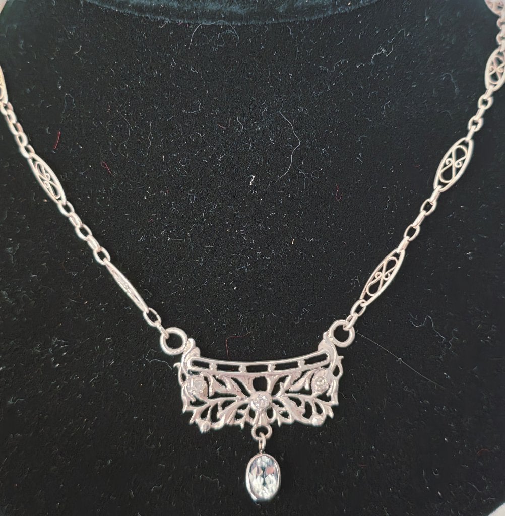 19 eeuw collier met diamanten en 1,30 kt aquamarijn, Ophalen of Verzenden, Zilver, Ketting, Met edelsteen