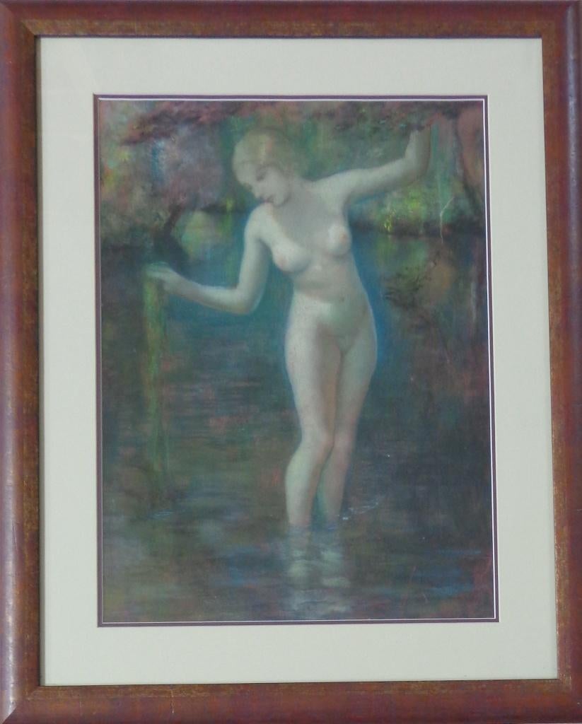 ONBEKEND / BADENDE NAAKTE VROUW / ORIGINEEL / 84x68cm KADER, Ophalen
