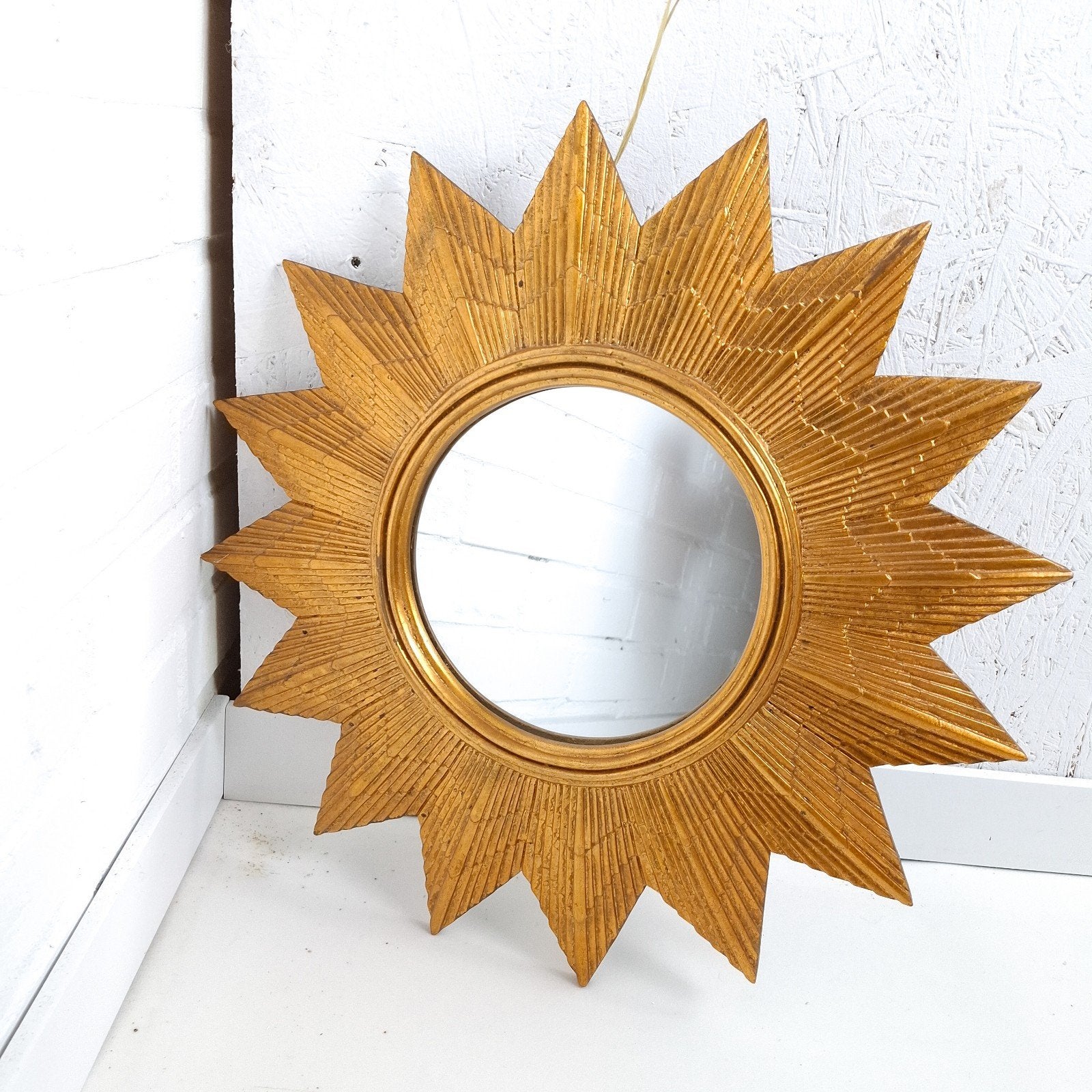Vintage zonnespiegel mid century modern design jaren 70 goud, Antiek en Kunst, Ophalen