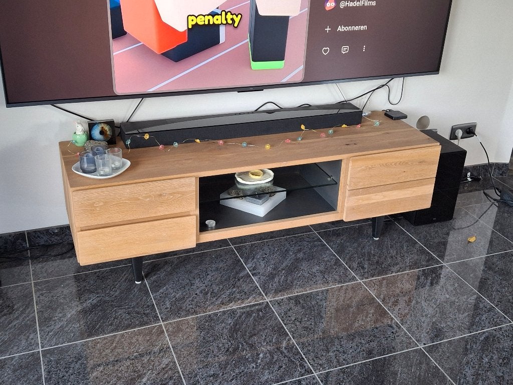 Mooi volhouten eiken tv meubel, Ophalen, 100 tot 150 cm, Eikenhout, Zo goed als nieuw