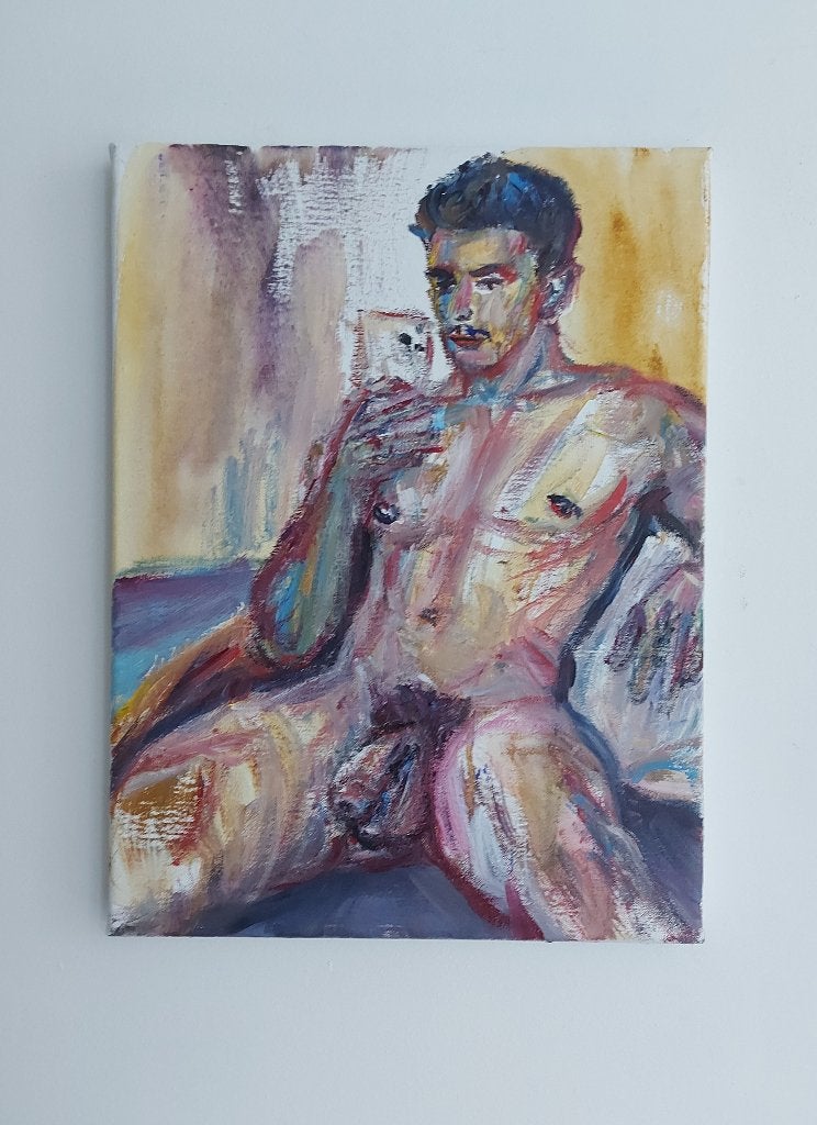 Belle peinture sur toile « Selfie », homme nu, Antiquités & Art, Art | Peinture | Moderne, Enlèvement ou Envoi, Peinture acrylique