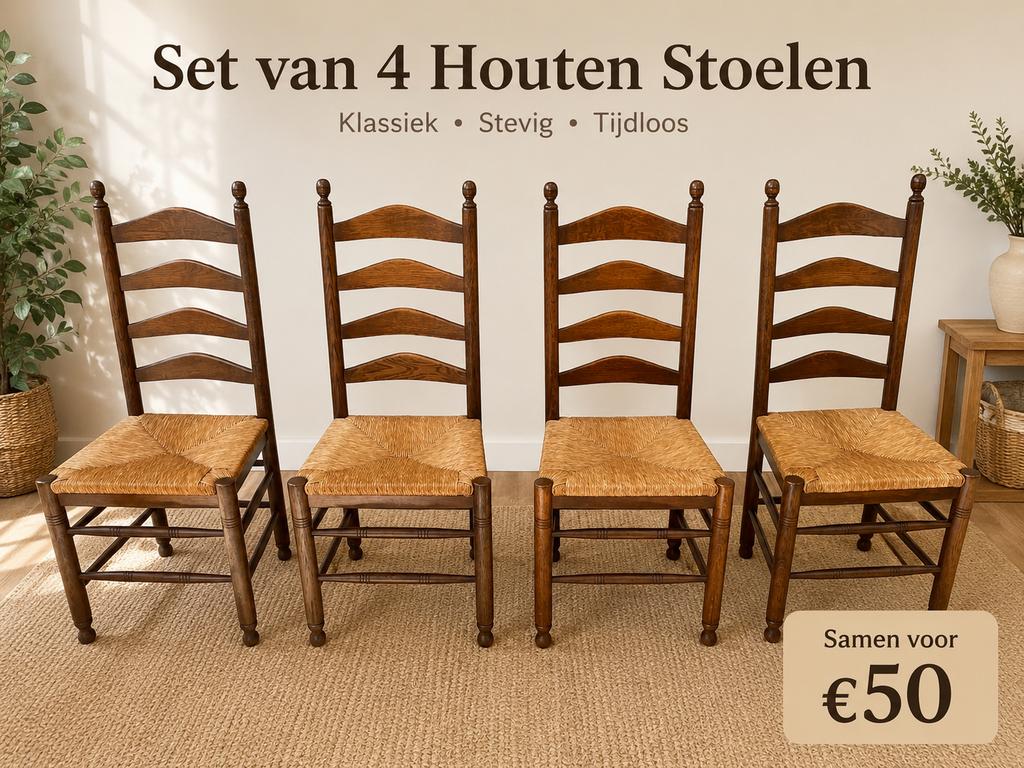 Set van 4 houten stoelen, Huis en Inrichting, Stoelen, Gebruikt, Vier, Hout, Bruin, Ophalen