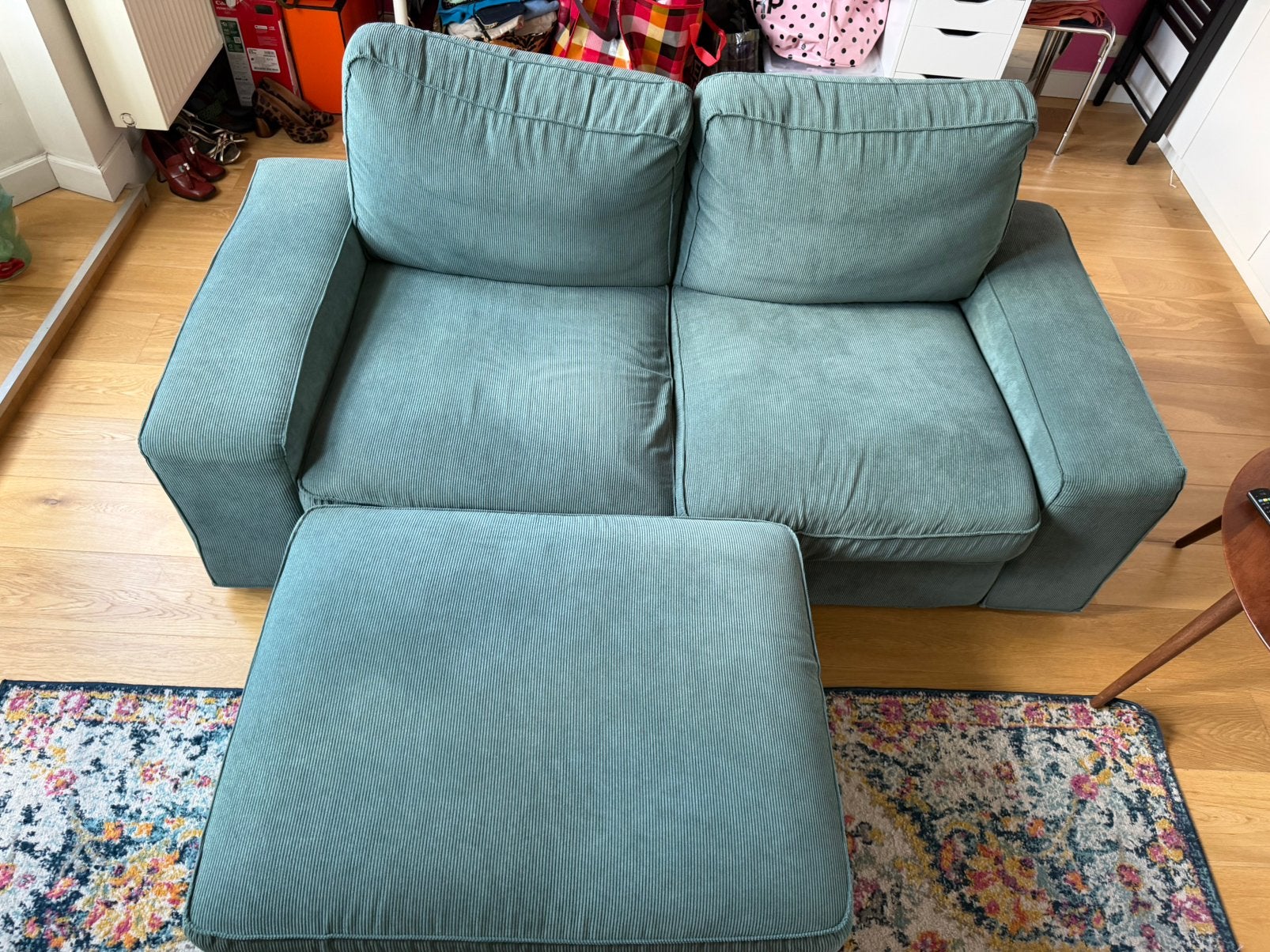 Canapé 2 places IKEA avec pouf — tissu côtelé bleu sarcelle, 75 à 100 cm, 150 à 200 cm, Comme neuf, Enlèvement