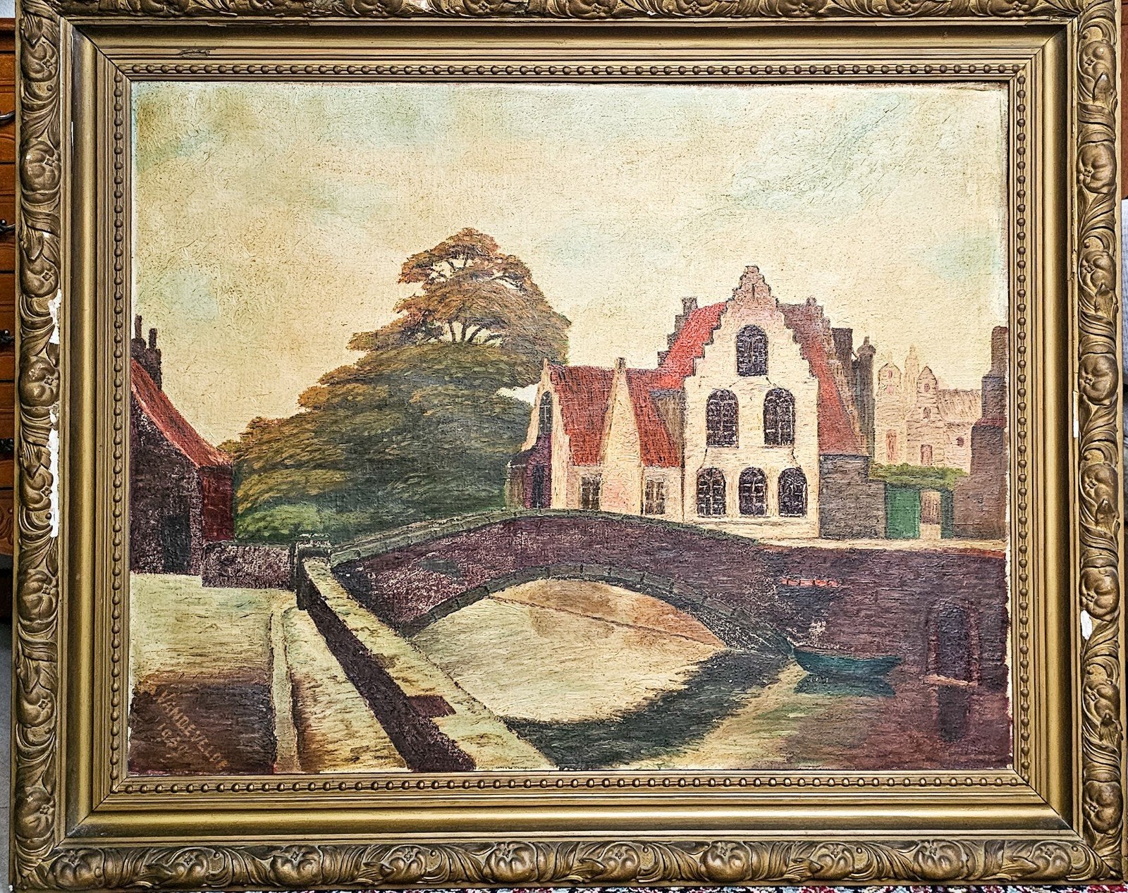 Peinture à l'huile originale — 1960 — Paysage urbain de Brug, Enlèvement, Daté, Peinture à l'huile, Toile