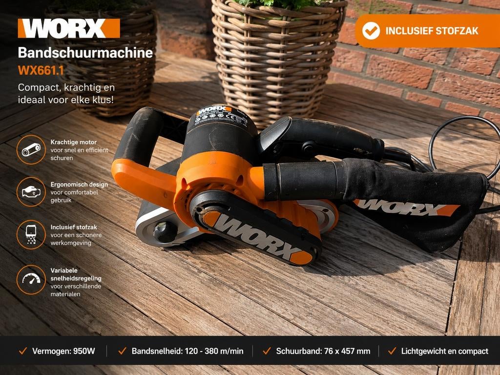 WORX Bandschuurmachine 950W + gratis muisschuurmachi, Bricolage & Construction, Outillage | Ponceuses, Enlèvement, Ponceuse à bande